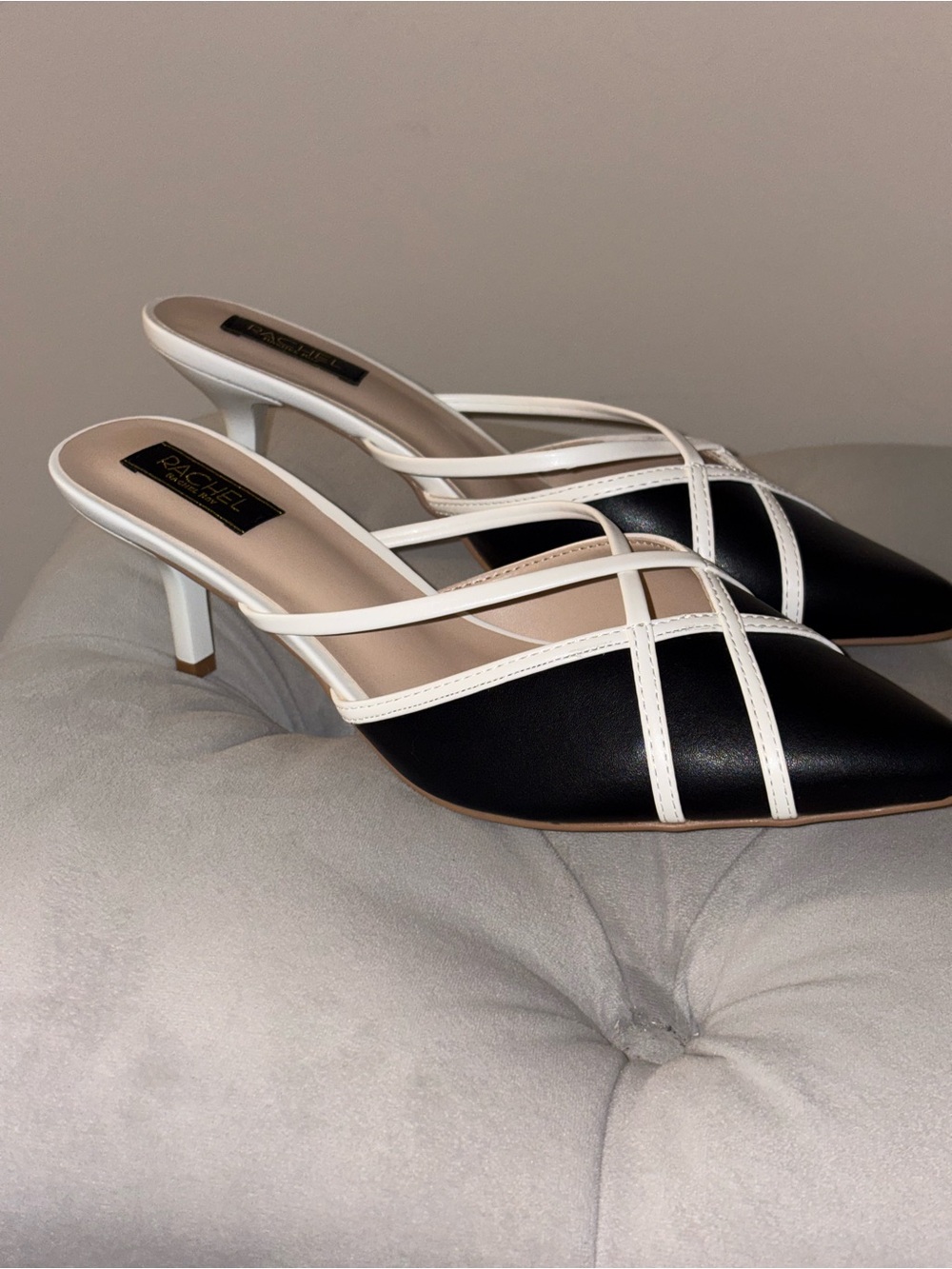 RACHEL Rachel Roy Black and White Pointed Strappy Mules